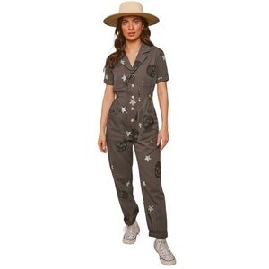 Fantastic Fawn Skull and Star Short Sleeve Jumpsuit in Dark Green